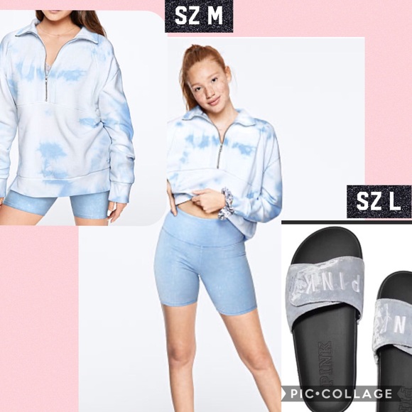 Vs pink quarter zip pullover biker shorts velvet single strap slides